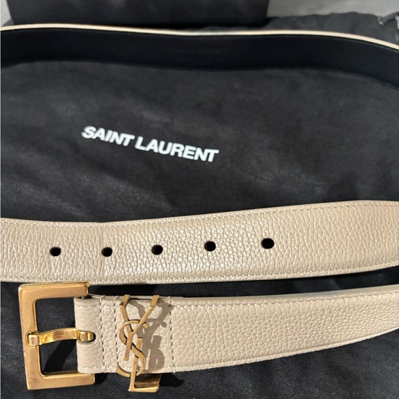 Saint Laurent Taupe Leather Belt with Gold Buckle - Picture 1 of 2